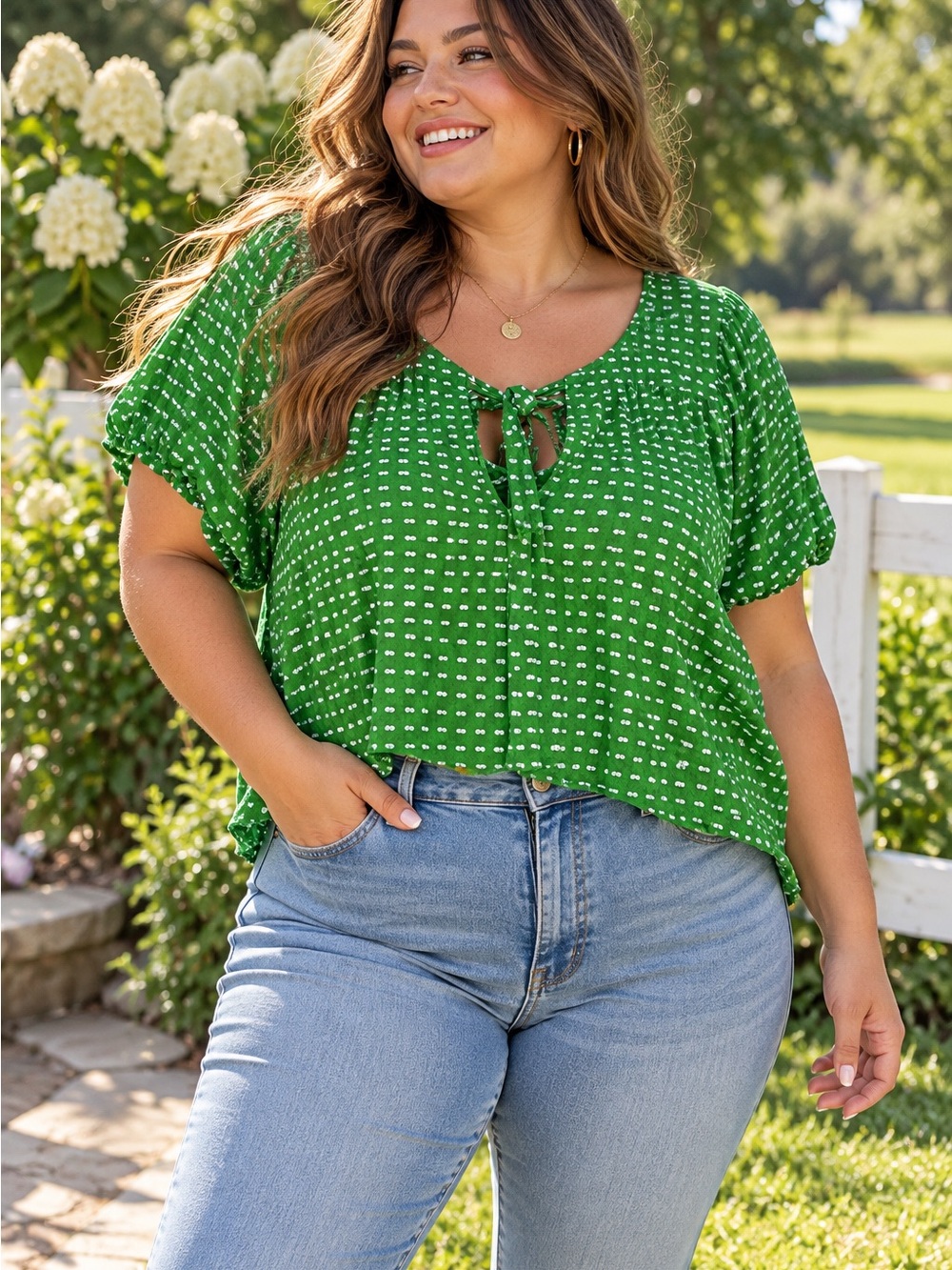 kate spade Green Tie-Front Short Sleeve Blouse with White Dot Print boxy fit
